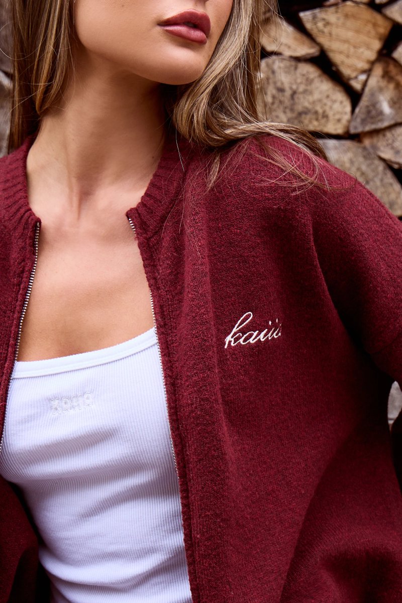 Kaiia Kaiia Knit Zip Up Bomber Style Cardigan Burgundy - 2
