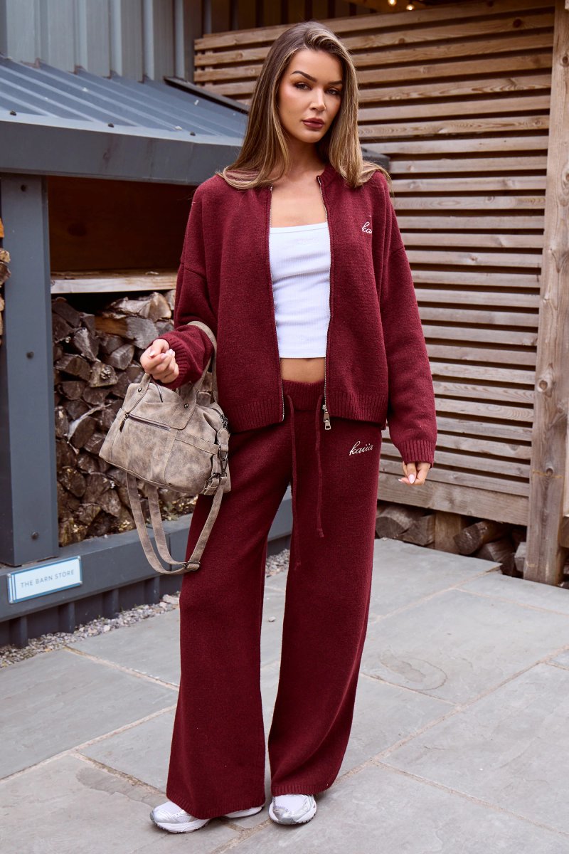 Kaiia Kaiia Knit Zip Up Bomber Style Cardigan Burgundy - 3