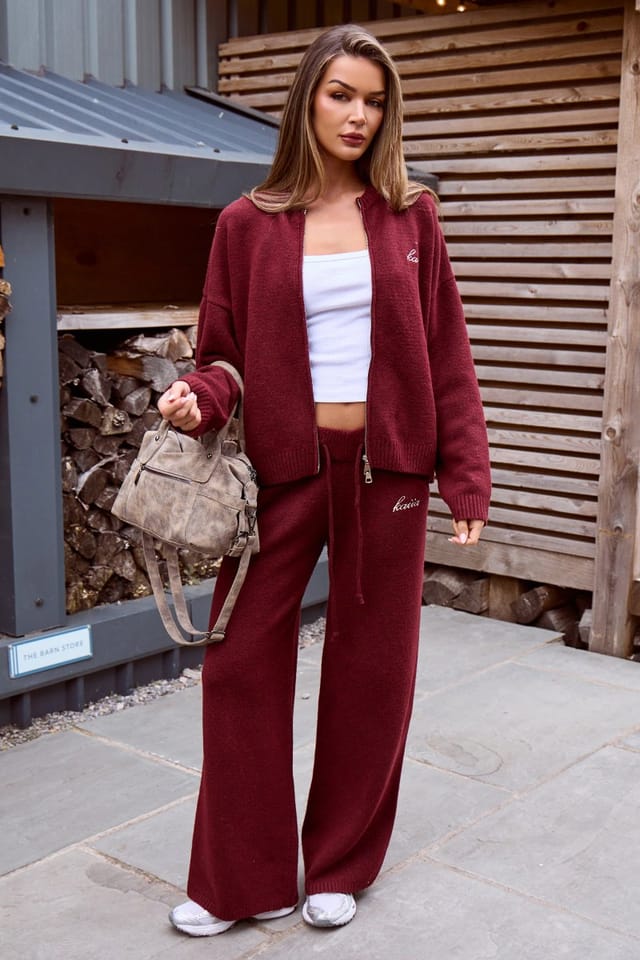 Kaiia Kaiia Knit Zip Up Bomber Style Cardigan Burgundy - 3