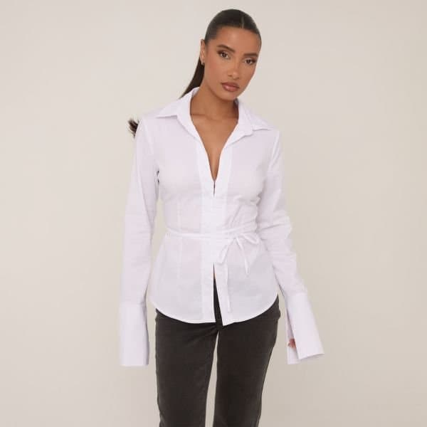 EGO Long Sleeve Hook And Eye Tie Detail Shirt In White, Women's Size UK 8