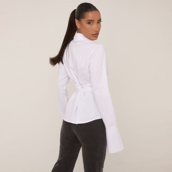 EGO Long Sleeve Hook And Eye Tie Detail Shirt In White, Women's Size UK 8 - 2