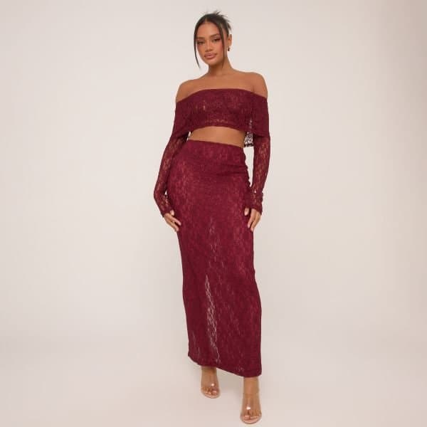 EGO Low Rise Maxi Skirt In Burgundy Lace, Women's Size UK 4