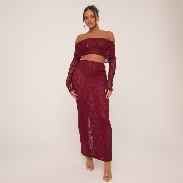 EGO Low Rise Maxi Skirt In Burgundy Lace, Women's Size UK 4 - 1