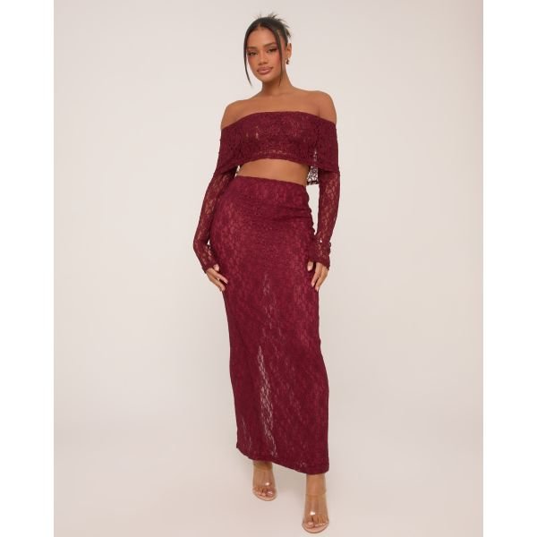 EGO Low Rise Maxi Skirt In Burgundy Lace, Women's Size UK 4 - 2
