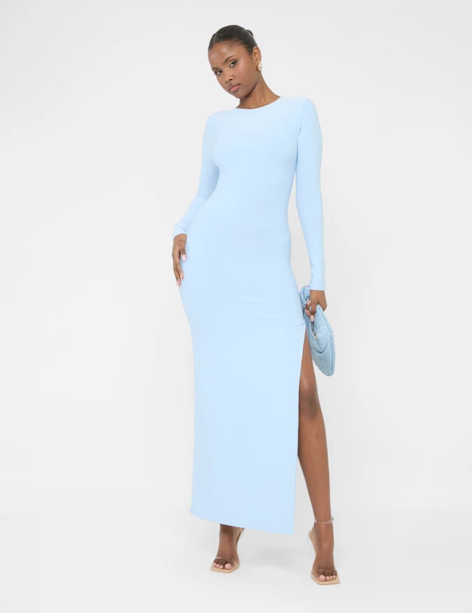 Public Desire Long Sleeve Side Leg Split Luxe Slinky Maxi Dress Blue