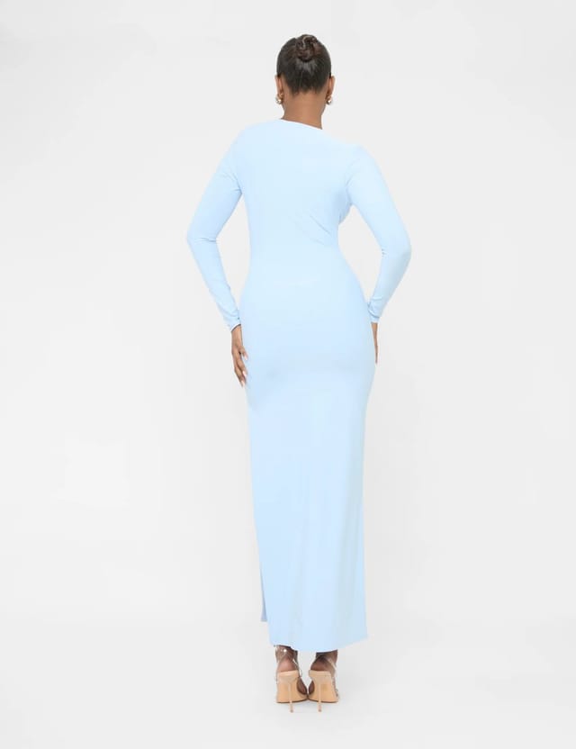 Public Desire Long Sleeve Side Leg Split Luxe Slinky Maxi Dress Blue - 2