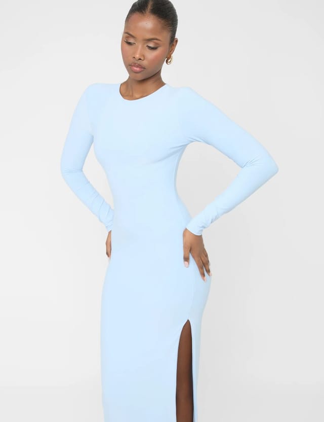 Public Desire Long Sleeve Side Leg Split Luxe Slinky Maxi Dress Blue - 3