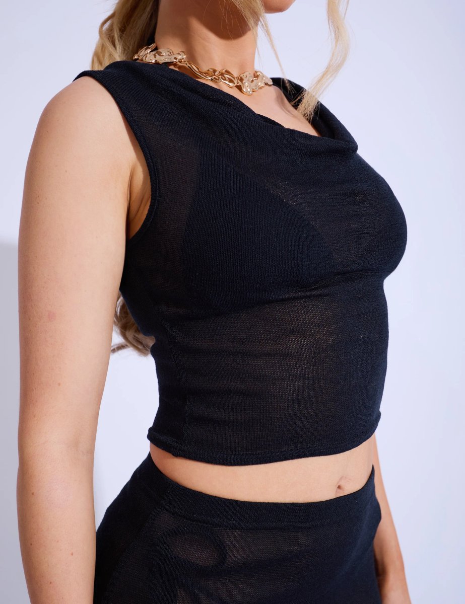 Public Desire Fine Knit Draped Cowl Neck Top Co-ord Black - 2