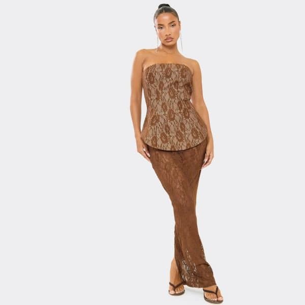 EGO Bandeau Peplum Contrast Lace Maxi Dress In Brown Lace, Women's Size UK 6