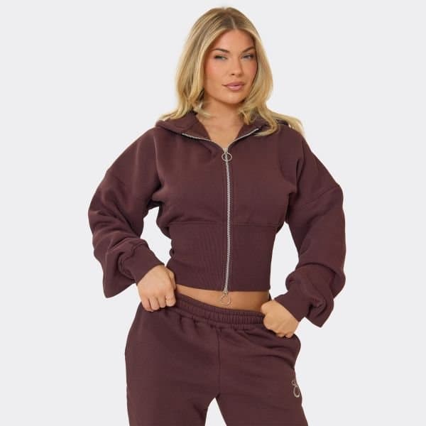 EGO Cinched Waist Double Zip Up Detail Hoodie In Chocolate Brown, Women's Size UK 6