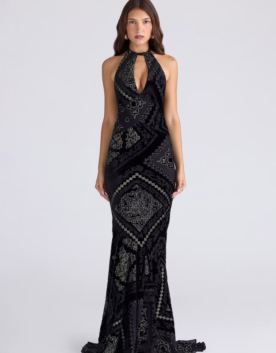 ASOS House of CB Oliviana black & gold devore velvet maxi gown in black & gold