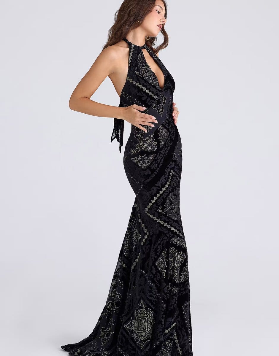 ASOS House of CB Oliviana black & gold devore velvet maxi gown in black & gold - 4