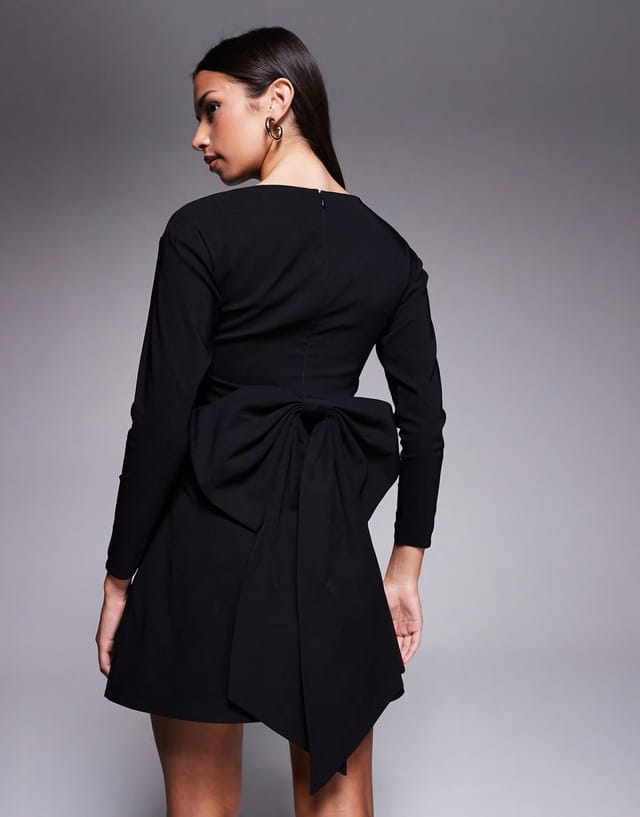ASOS TFNC bengaline long sleeve a-line bow back mini dress in black - 3