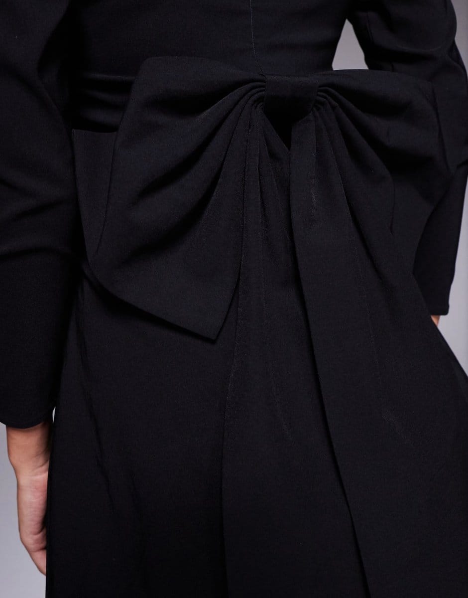 ASOS TFNC bengaline long sleeve a-line bow back mini dress in black - 4