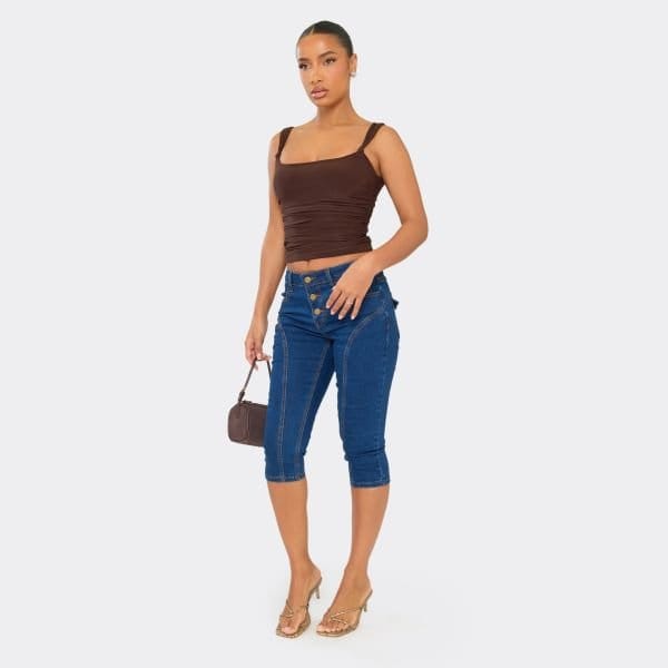 EGO Low Rise Button Up Seam Detail Capri Jeans In Indigo Blue Denim, Women's Size UK 6 - 2