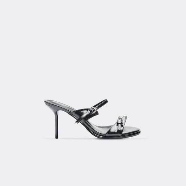 EGO Fawn Double Buckle Strap Detail Heeled Mule In Black Faux Leather, Women's Size UK 3