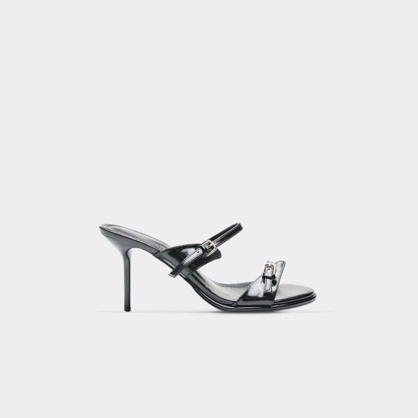 EGO Fawn Double Buckle Strap Detail Heeled Mule In Black Faux Leather, Women's Size UK 3 - 1