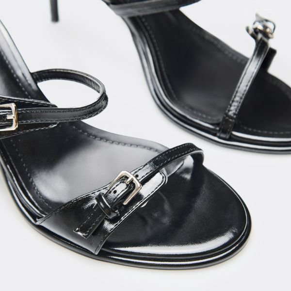 EGO Fawn Double Buckle Strap Detail Heeled Mule In Black Faux Leather, Women's Size UK 3 - 2