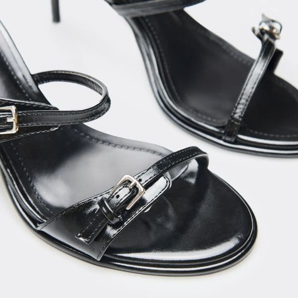 EGO Fawn Double Buckle Strap Detail Heeled Mule In Black Faux Leather, Women's Size UK 3 - 2
