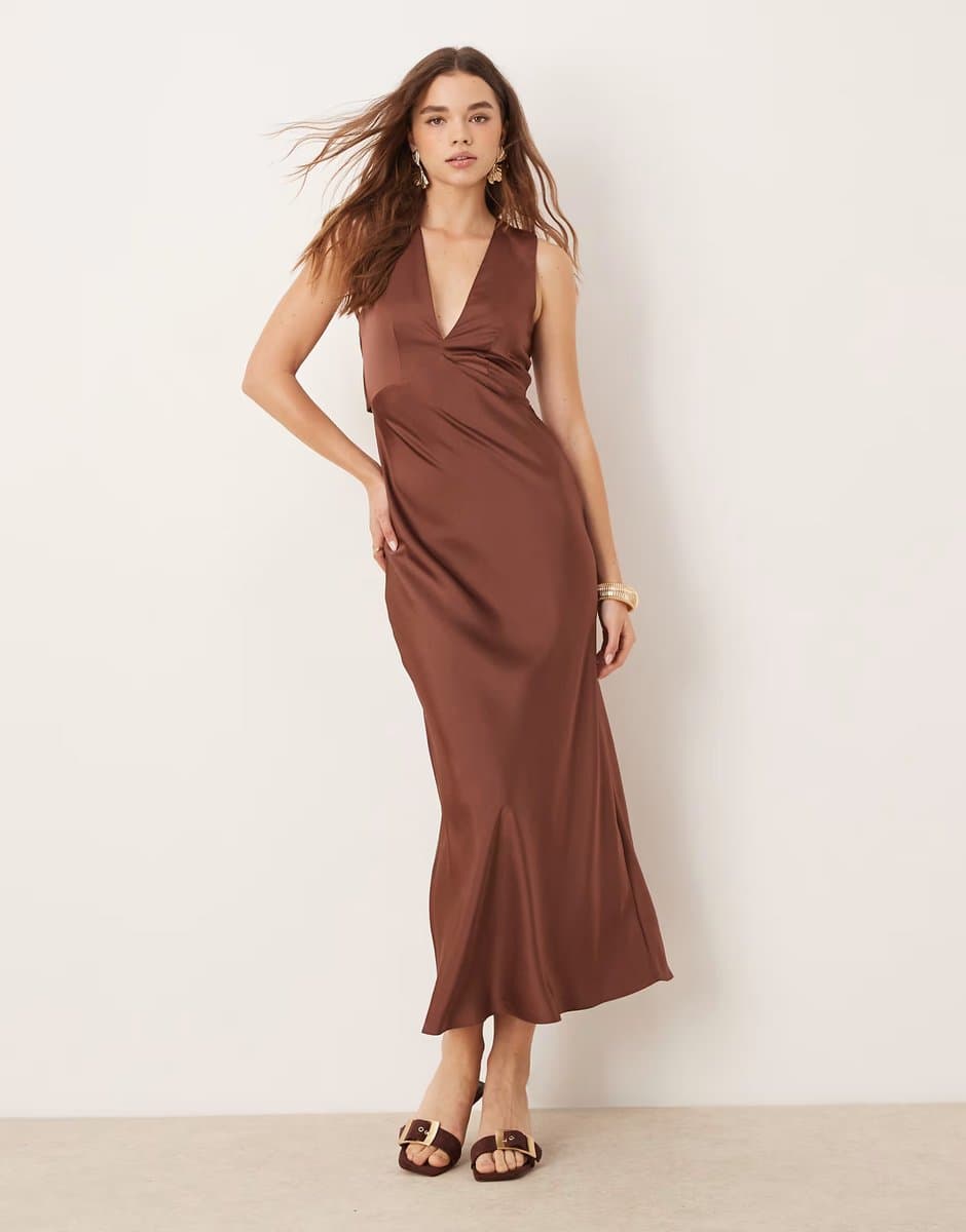 ASOS OMNES Nova Satin Tie Back Dress in Brown