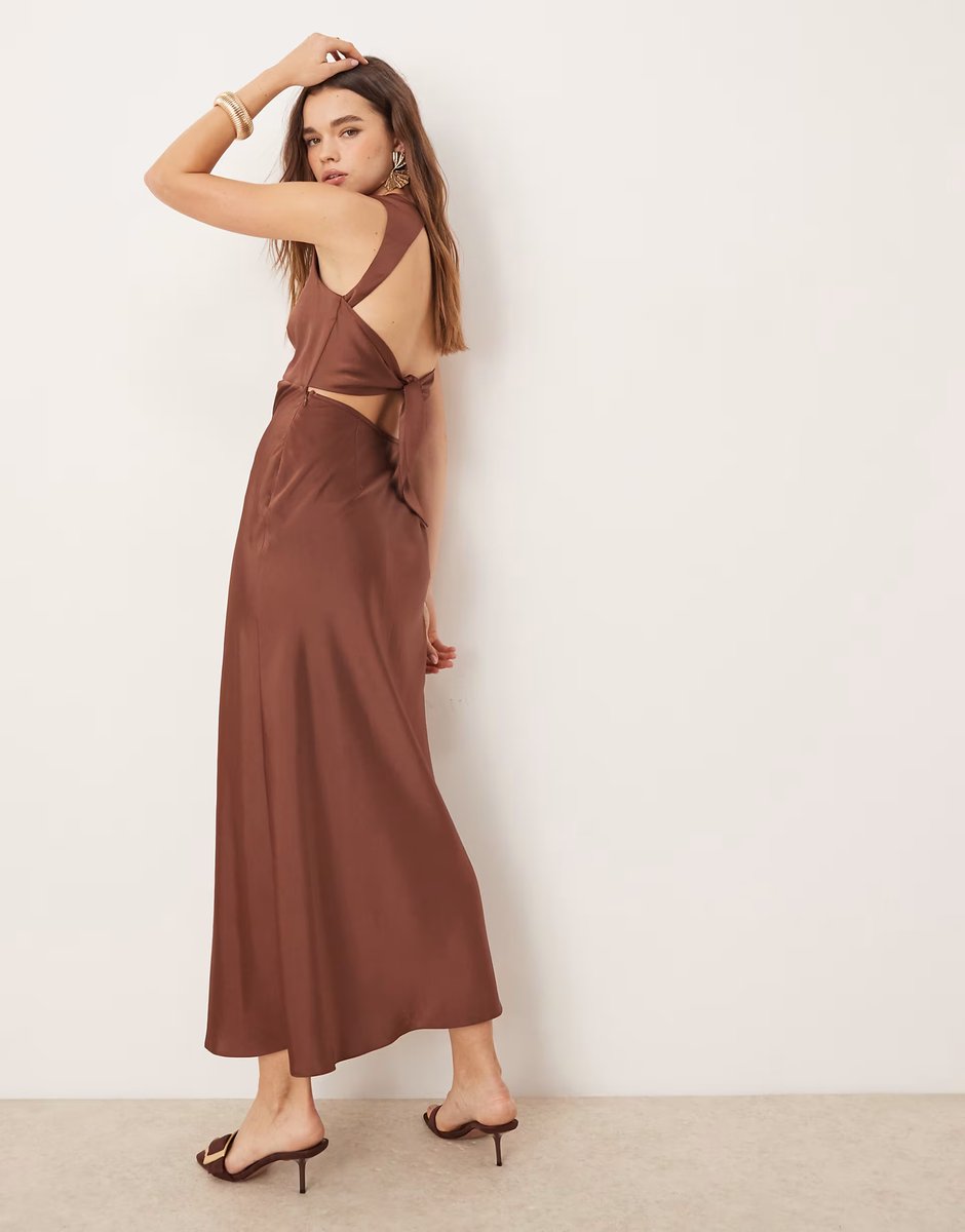 ASOS OMNES Nova Satin Tie Back Dress in Brown - 3