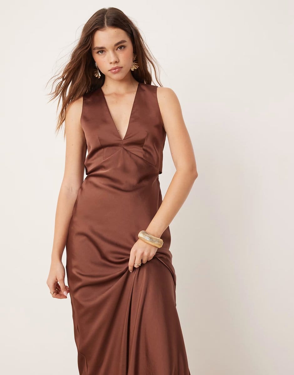 ASOS OMNES Nova Satin Tie Back Dress in Brown - 4