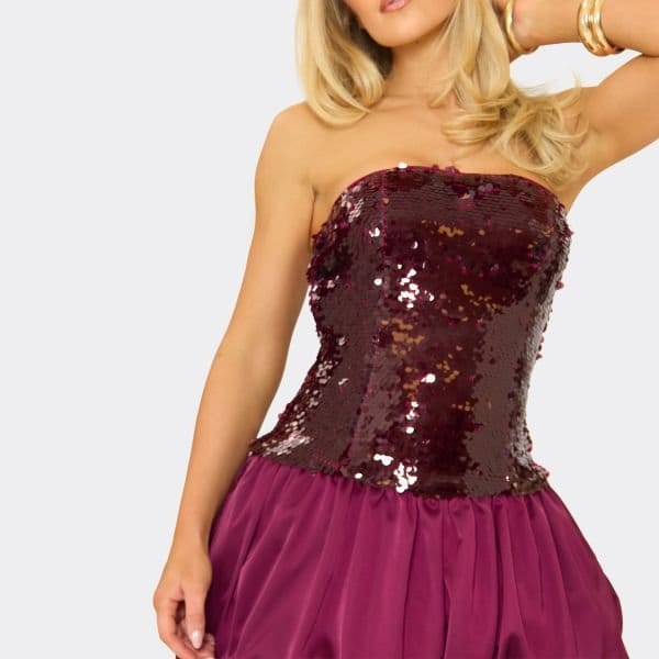 EGO Bandeau Contrast Sequin Puffball Mini Dress In Burgundy, Women's Size UK 6 - 2