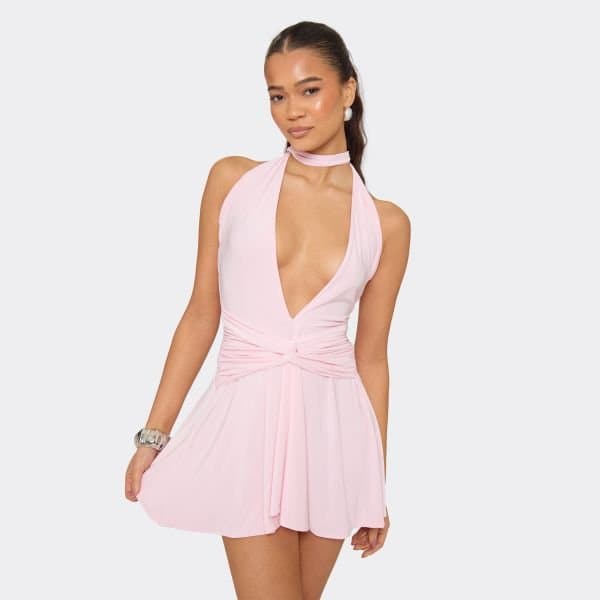 EGO Plunge Front Scarf Knot Detail Mini Dress In Baby Pink, Women's Size UK 6