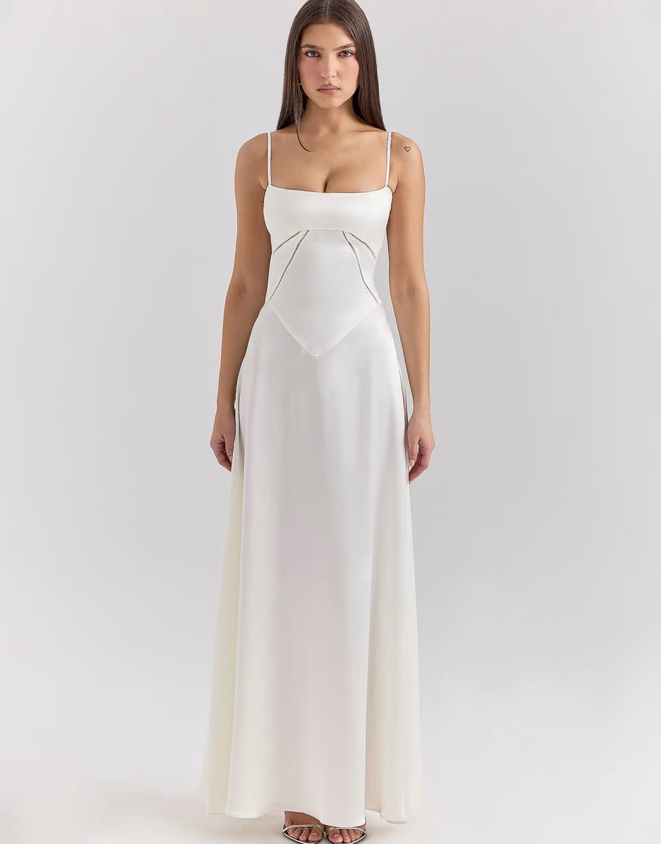 ASOS House of CB Anabella satin lace up maxi dress in ivory
