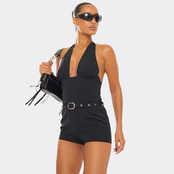 EGO Halterneck Belted Detail Playsuit In Black, Women's Size UK 6