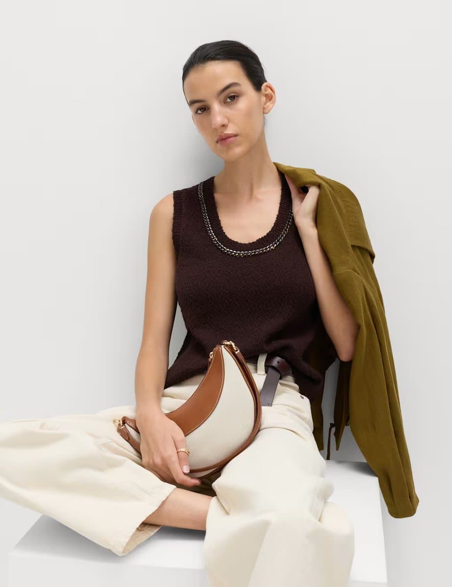 Marks & Spencer M&S Cotton Rich Chain Trim Knitted Vest Raisin