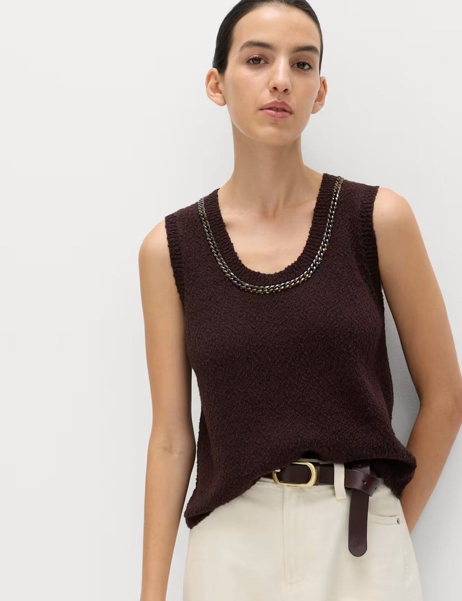 Marks & Spencer M&S Cotton Rich Chain Trim Knitted Vest Raisin - 4