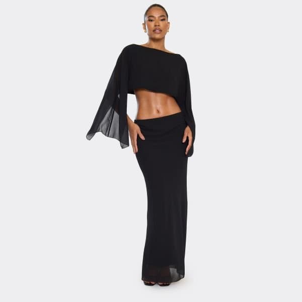 EGO EGO Mid Waist Maxi Skirt in Black Chiffon