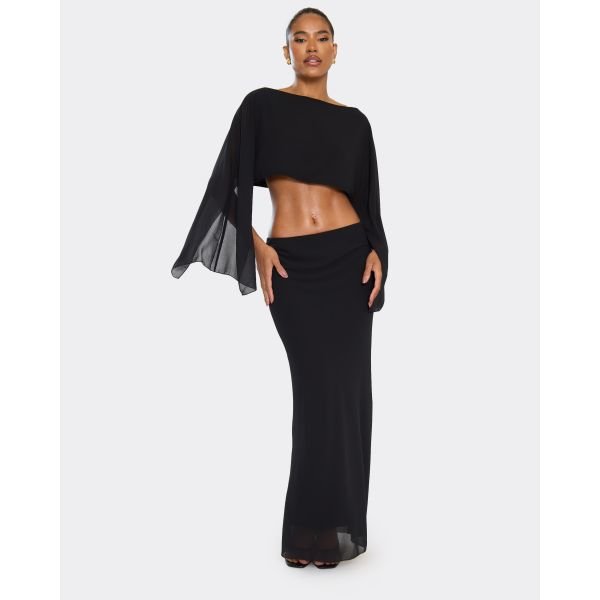 EGO Mid Waist Maxi Skirt In Black Chiffon, Women's Size UK 4 - 2