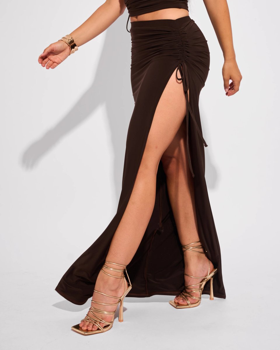 Public Desire Slinky Ruched Detail Split Maxi Skirt Chocolate - 2