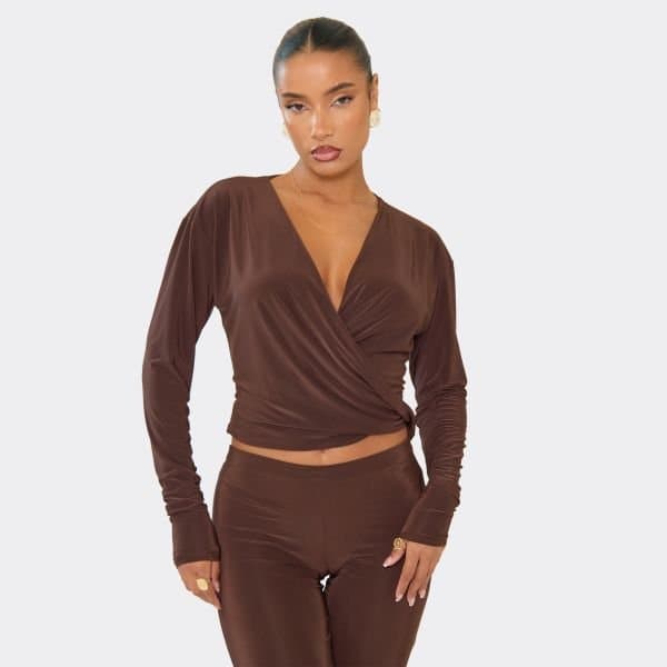 EGO EGO Cross Over Cowl Neck Long Sleeve Top in Chocolate Brown