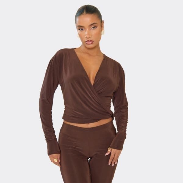 EGO Long Sleeve Cross Over Cowl Neck Top In Chocolate Brown, Women's Size UK 6 - 1