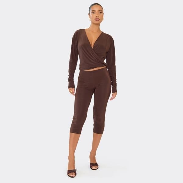 EGO Long Sleeve Cross Over Cowl Neck Top In Chocolate Brown, Women's Size UK 6 - 2