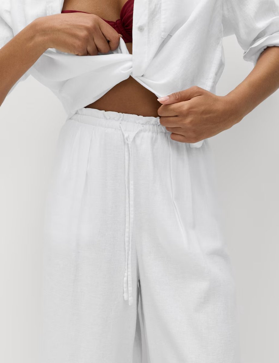 Marks & Spencer M&S Linen Rich Drawstring Wide Leg Trousers White - 2