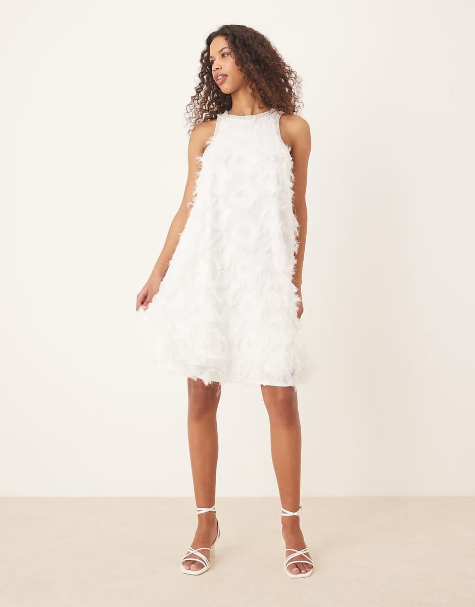 ASOS YAS textured racer neck mini dress with pearl embellished trim in white