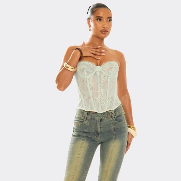 EGO Bandeau Structured Detail Corset Top In Green Lace, Women's Size UK 10