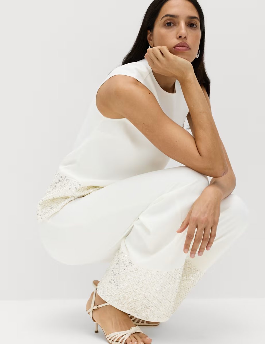 Marks & Spencer M&S Sequin Embellished Hem Straight Leg Trousers Ivory - 3