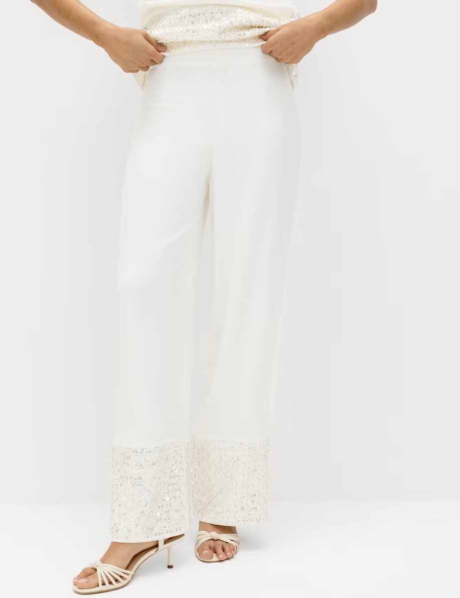 Marks & Spencer M&S Sequin Embellished Hem Straight Leg Trousers Ivory - 4