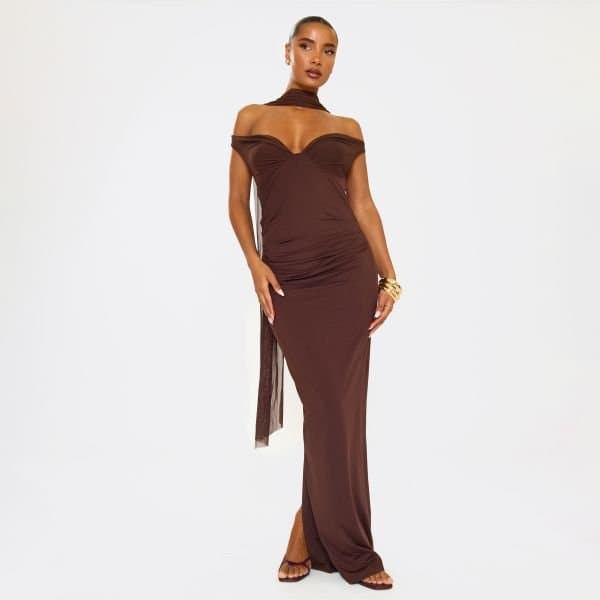 EGO Bardot Mesh Scarf Detail Maxi Dress In Brown, Women's Size UK Large L