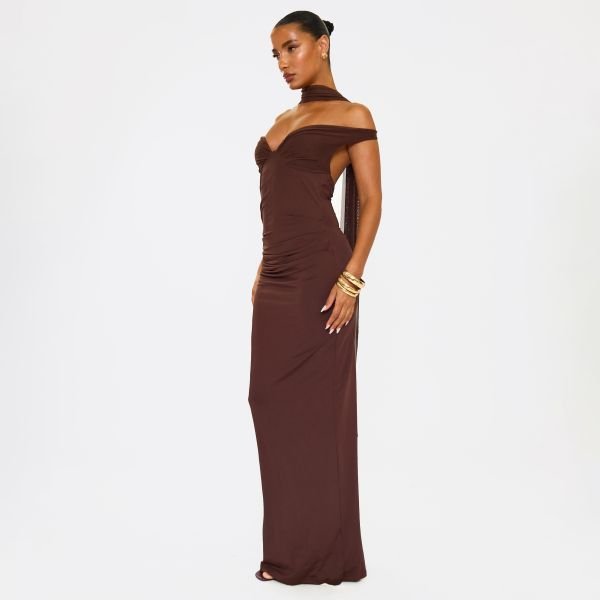 EGO Bardot Mesh Scarf Detail Maxi Dress In Brown, Women's Size UK Large L - 2