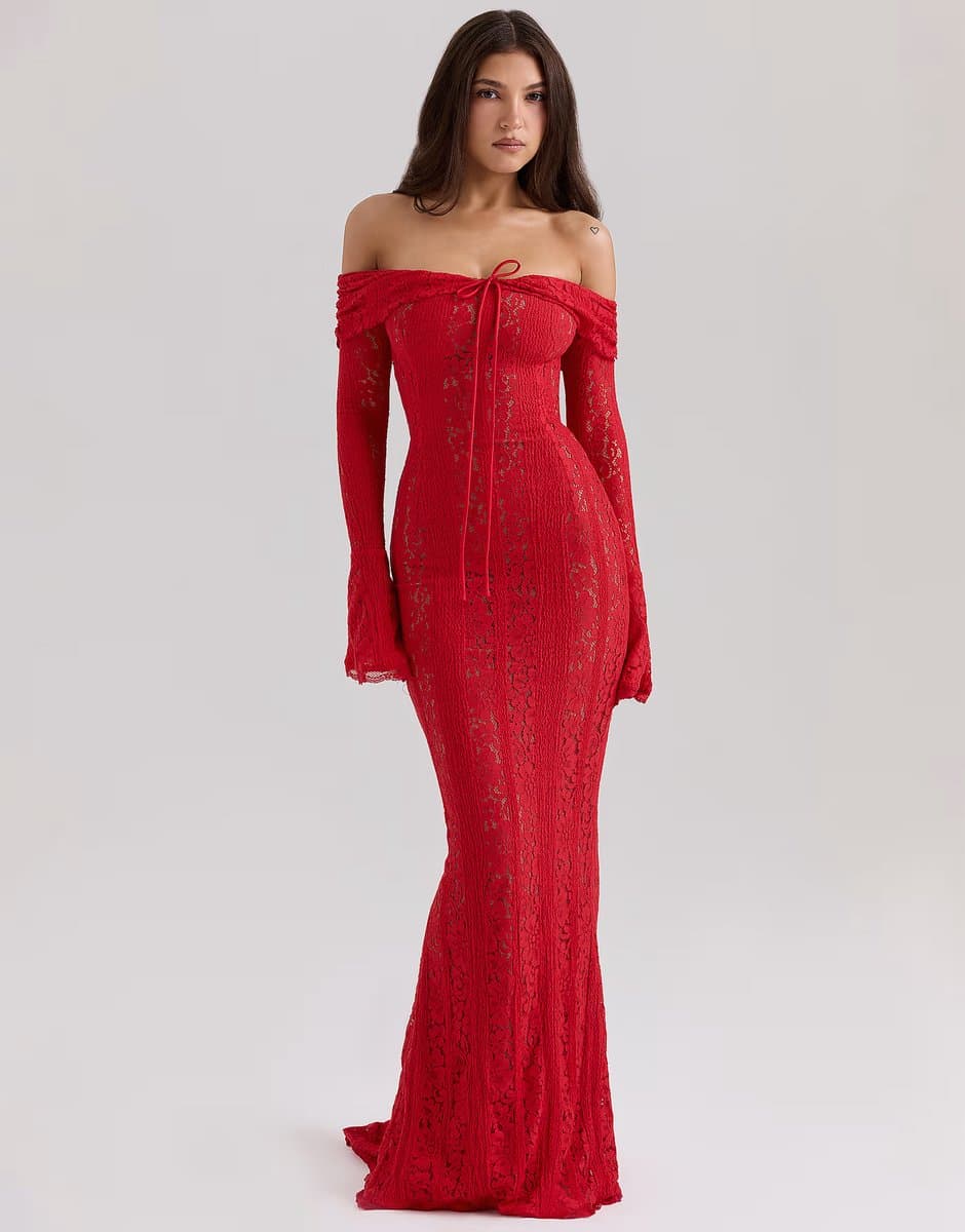 ASOS House of CB Belle off shoulder floral lace maxi dress in red