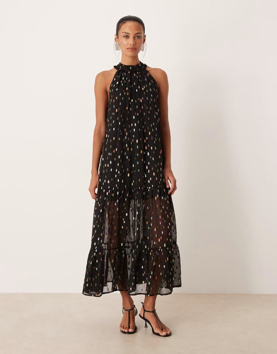 ASOS Sister Jane Odyssey chiffon metallic spot high neck sheer skirt maxi dress in black