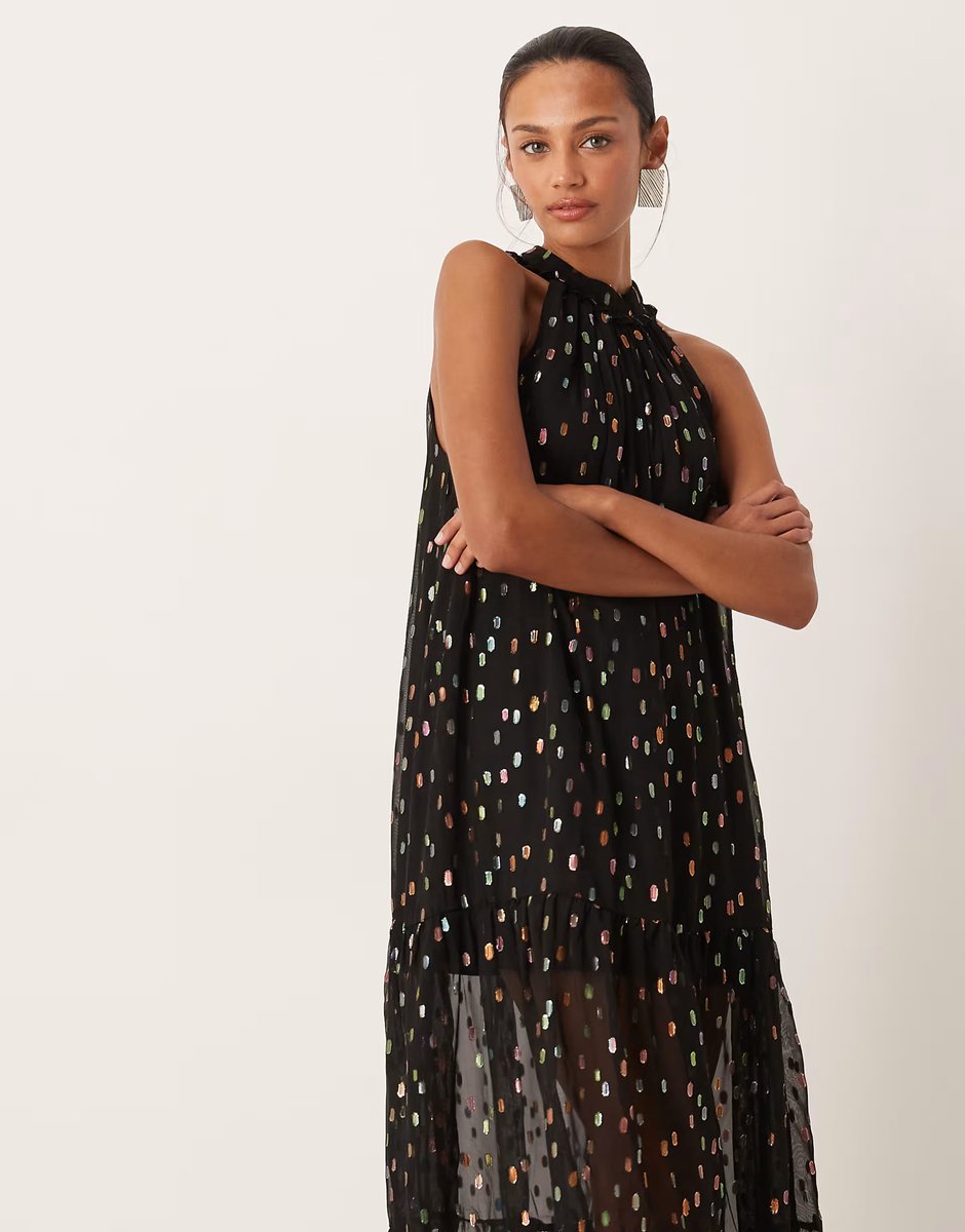 ASOS Sister Jane Odyssey chiffon metallic spot high neck sheer skirt maxi dress in black - 4