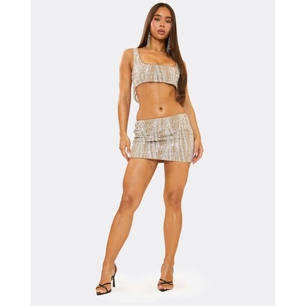 EGO Mid Rise Embellished Mini Skirt In Silver, Women's Size UK 6 - 2