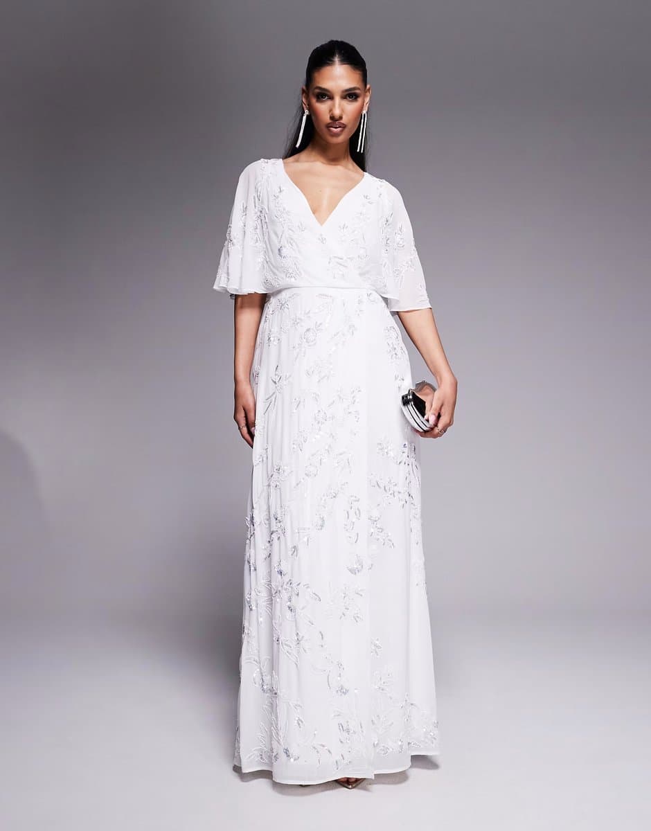 ASOS Maya Bridal floral embellished cape sleeve faux wrap maxi dress in white